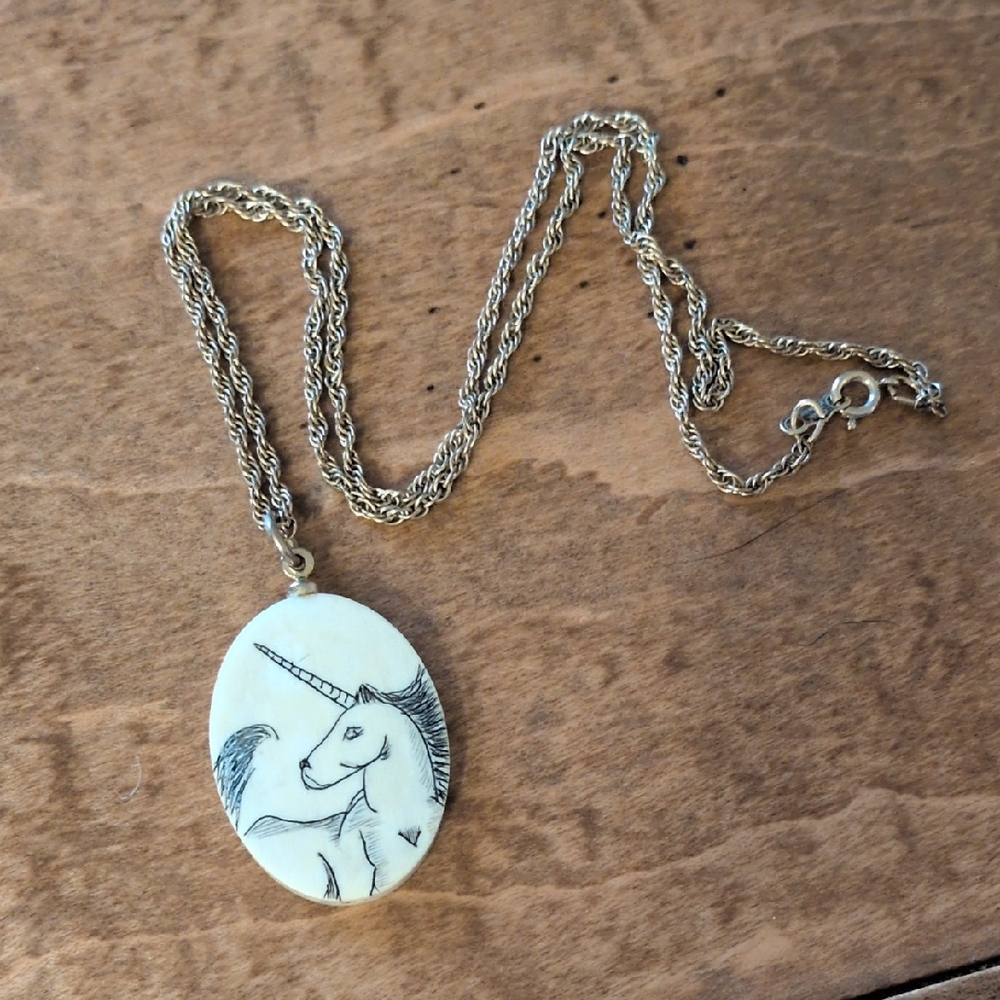 Ivory Unicorn Pendant Necklace With Gold Chain